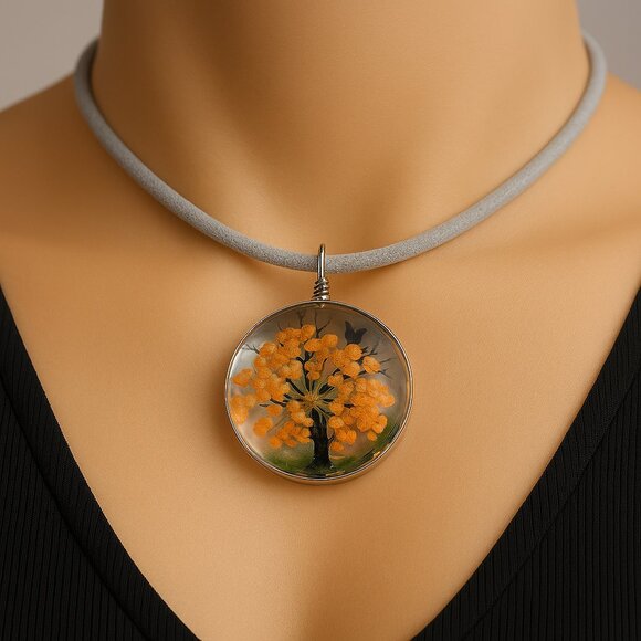 Circle Resin Orange Floral Tree Pendant Necklace 18" Gray Cord Fashion Jewelry - Picture 1 of 9